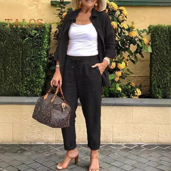 2 шт./компл., женская рубашка и брюки, комплект со свободными лацканами, однобортная блузка средней длины с длинными рукавами, высокая эластичная талия, широкие брюки, повседневная одежда