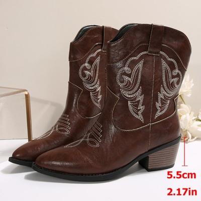 Женские ковбойские сапоги Обувь Осень Зима Мода Острый носок Вышитый стиль Квадратный каблук До середины икры Рыцарские сапоги Большой размер 43