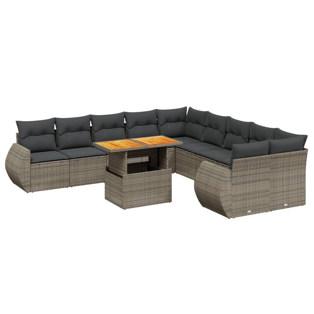 11 Piece Grey Garden Sofa Set with Cushions Poly Rattan