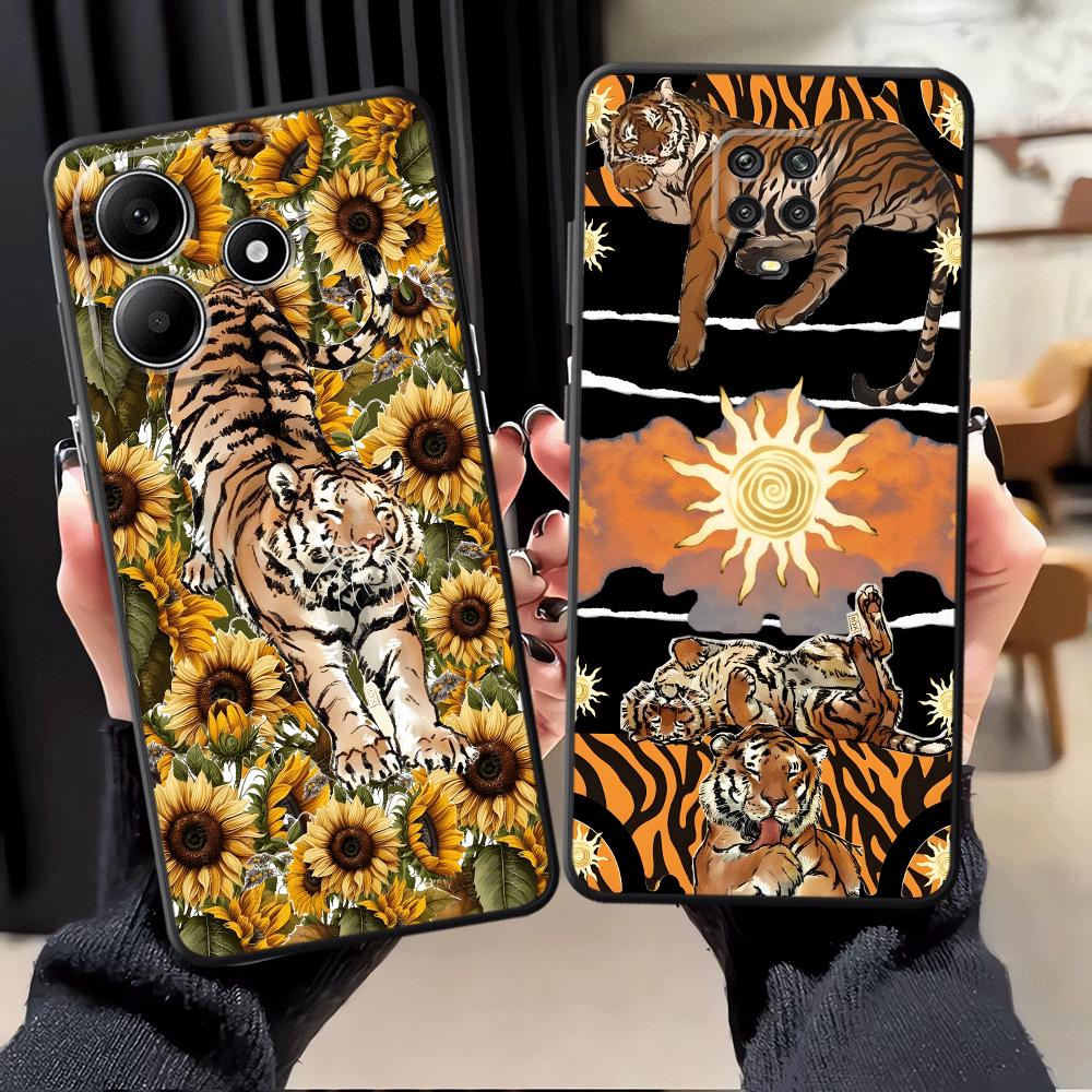 Cartoon Sunflower Tiger Case for Xiaomi Redmi Note 12s 11s 10S 9 10 11 12 Pro 7 8 9S 13 14 Pro Plus Black Soft Phone Cover