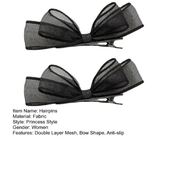 2Pcs Women Hairpins Two-layer Mesh Bow Anti-slip Photo Prop Lightweight Princess Style Reusable Party Hair Decoration Tool