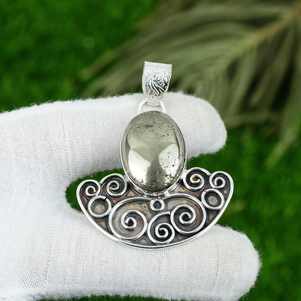 925 Sterling Silver Natural Pyrite Bezel Solar Chakra Elegant Pendant Jewelry