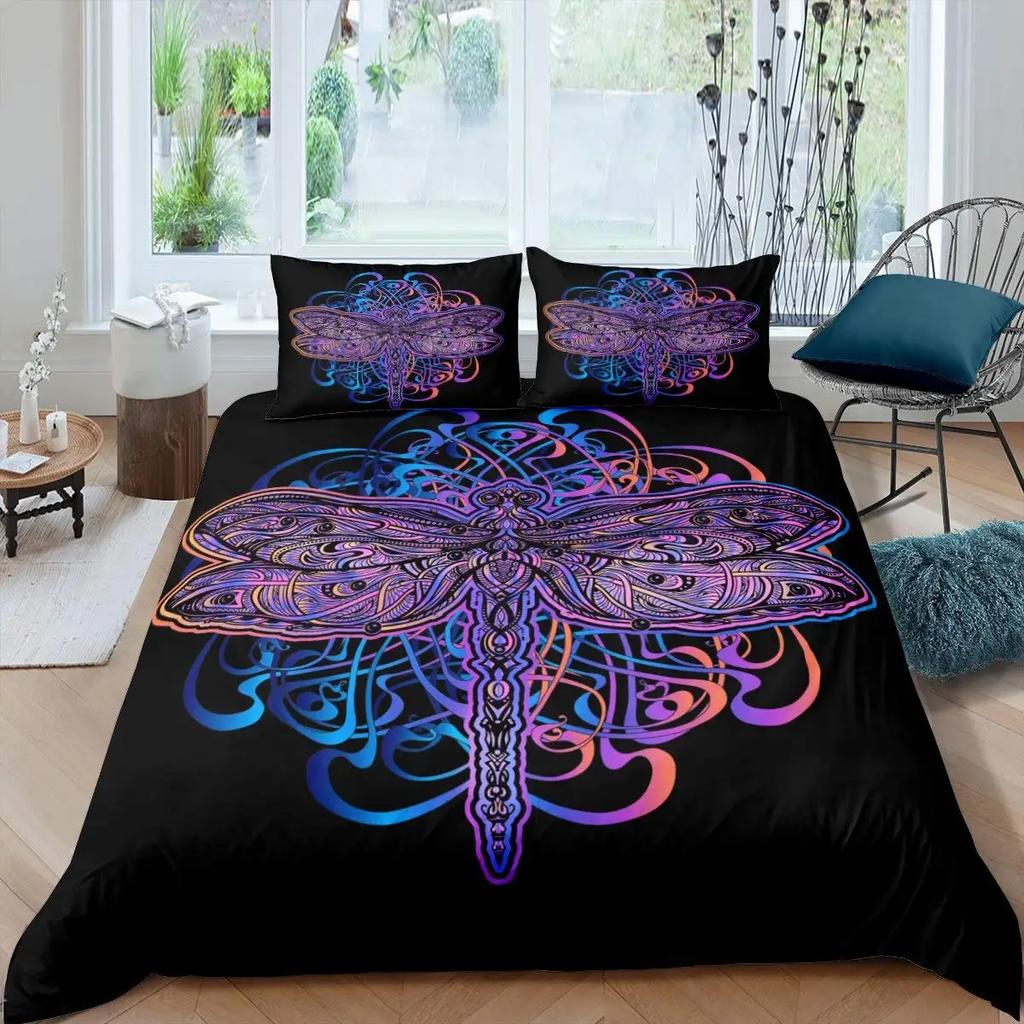 Bohemian Dragonfly Duvet Cover Set King Size Mandala Paisley Bedding Set Purple Tie Dye Iridescent Hippie Polyester Quilt Cover