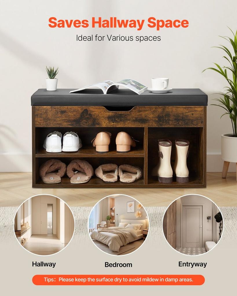Entryway Shoe Bench, 805 x 305 x 445 mm Shoe Storage Organizer with Hidden Lift Top Storage Space, 300lbs Bench with Cushion Seat and 3 Cabinets for