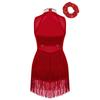 Girls Rhinestone Decorated Collar Leotard Sequins Mesh Patchwork Tassel Hem with Hair Tie