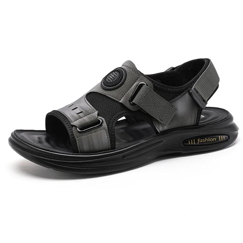 Летние сандалии для мужчин, повседневные спортивные тапочки из кожи, нескользящие, дышащие, римские туфли, пляжные шлепанцы, садовая обувь