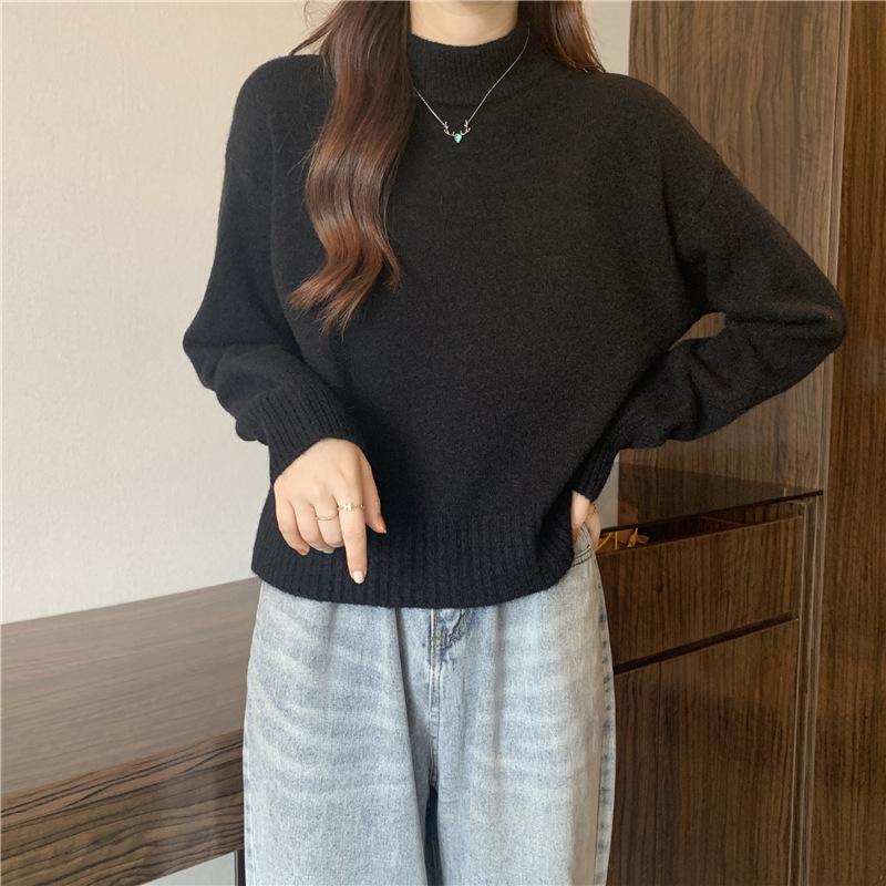 Корейский однотонный свитер с полувысокой горловиной для женщин, короткий модный повседневный трикотаж с однотонным пуловером внутри для осени и зимы
