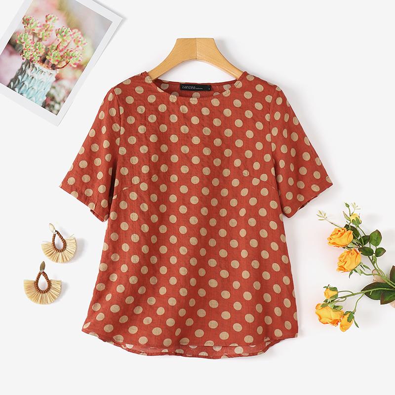 ZANZEA Женская повседневная блузка с круглым вырезом и коротким рукавом в горошек