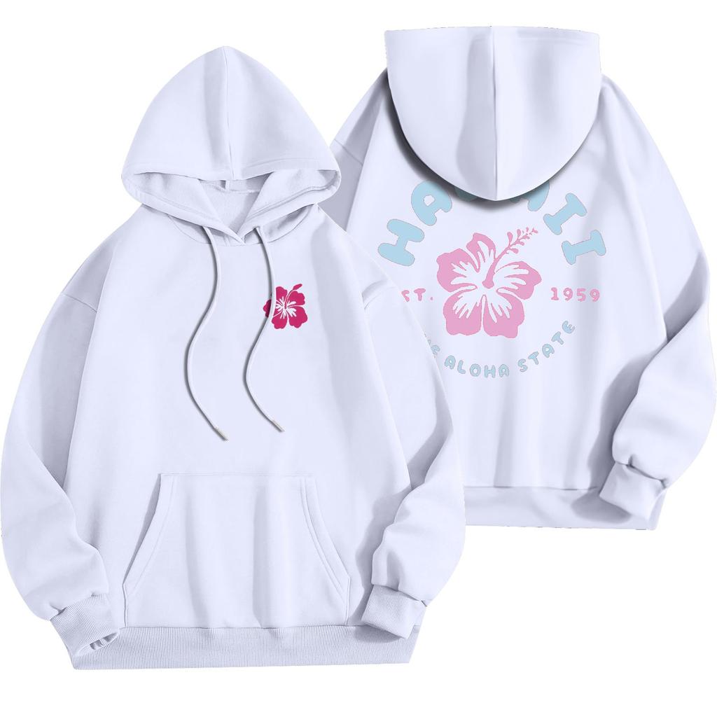 Women's Fashion Lightweight Long Sleeve Pullover With Pockets Flowers Print Hoodie
