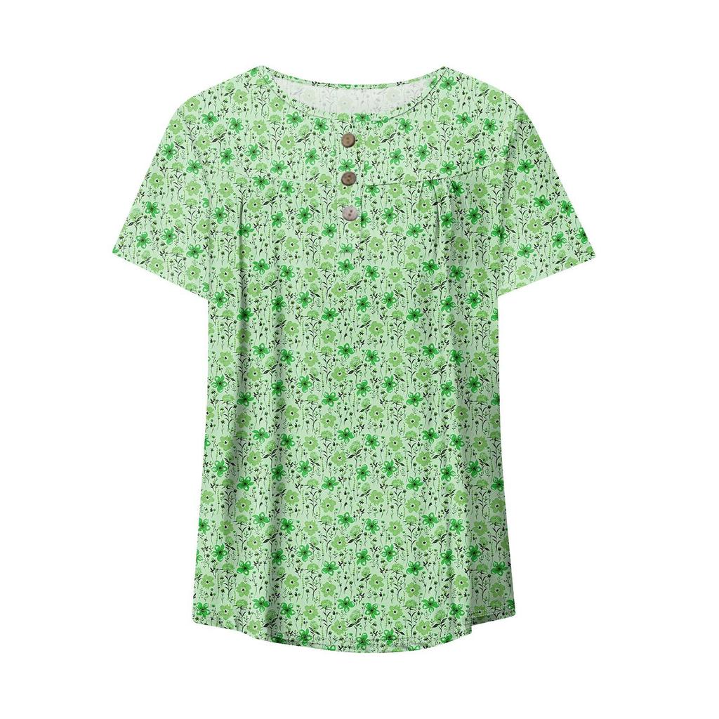 Женская модная повседневная футболка с v-образным вырезом и цветочным принтом на пуговицах и коротким рукавом, топ