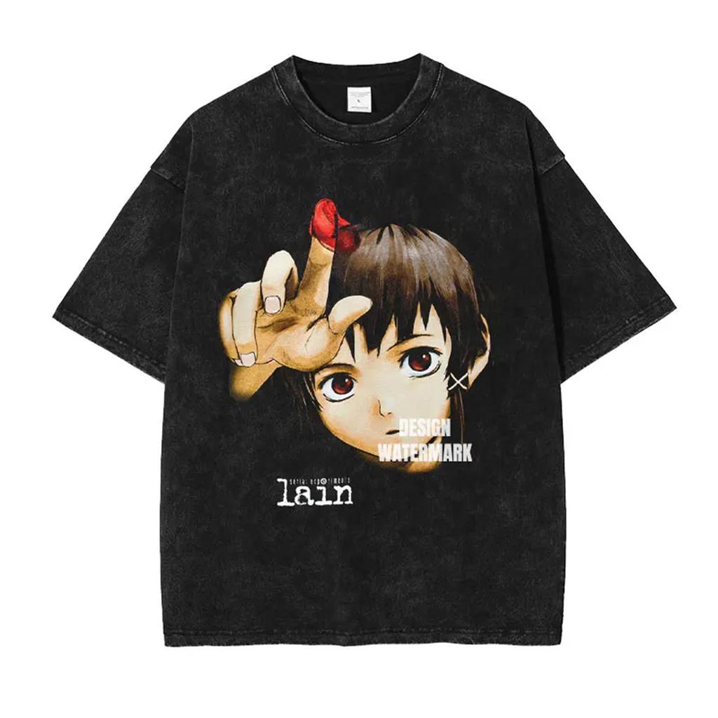Аниме S-Serial Experiments Lain Футболки Оверсайз Винтажные Стиранные Ивакура Лэйн Футболка Ретро Харадзюку Топы Футболки Мужские 100% Хлопок