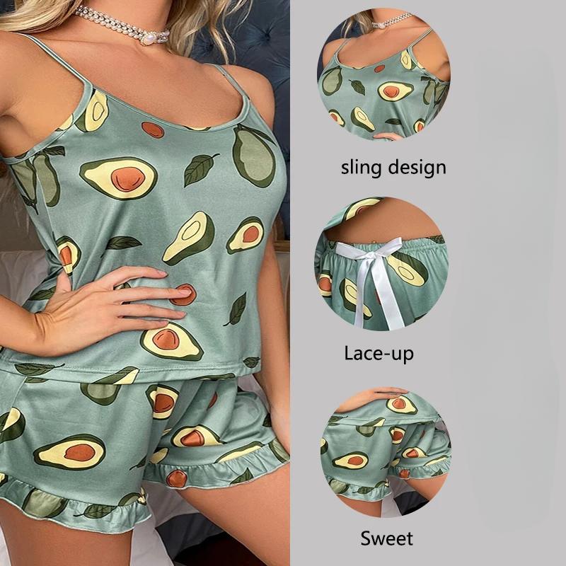 2 шт./компл. женская пижама с принтом повседневная ночная рубашка с лямкой на шее для девочек домашняя одежда легко чистится зеленая повседневная одежда для сна с подтяжками