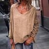 Ladies Spring Autumn Long Sleeves V Collar Loose Solid Color Pullover T Shirt Blouse Top