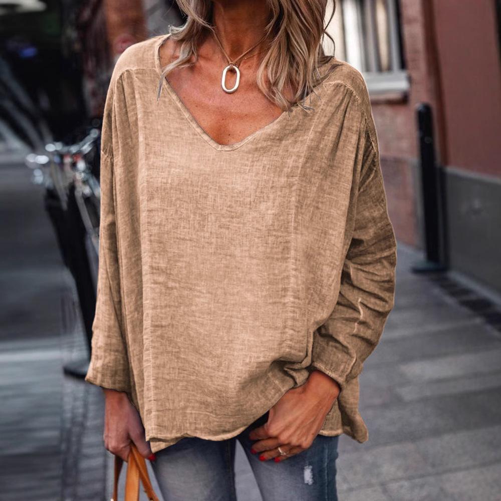 Ladies Spring Autumn Long Sleeves V Collar Loose Solid Color Pullover T Shirt Blouse Top
