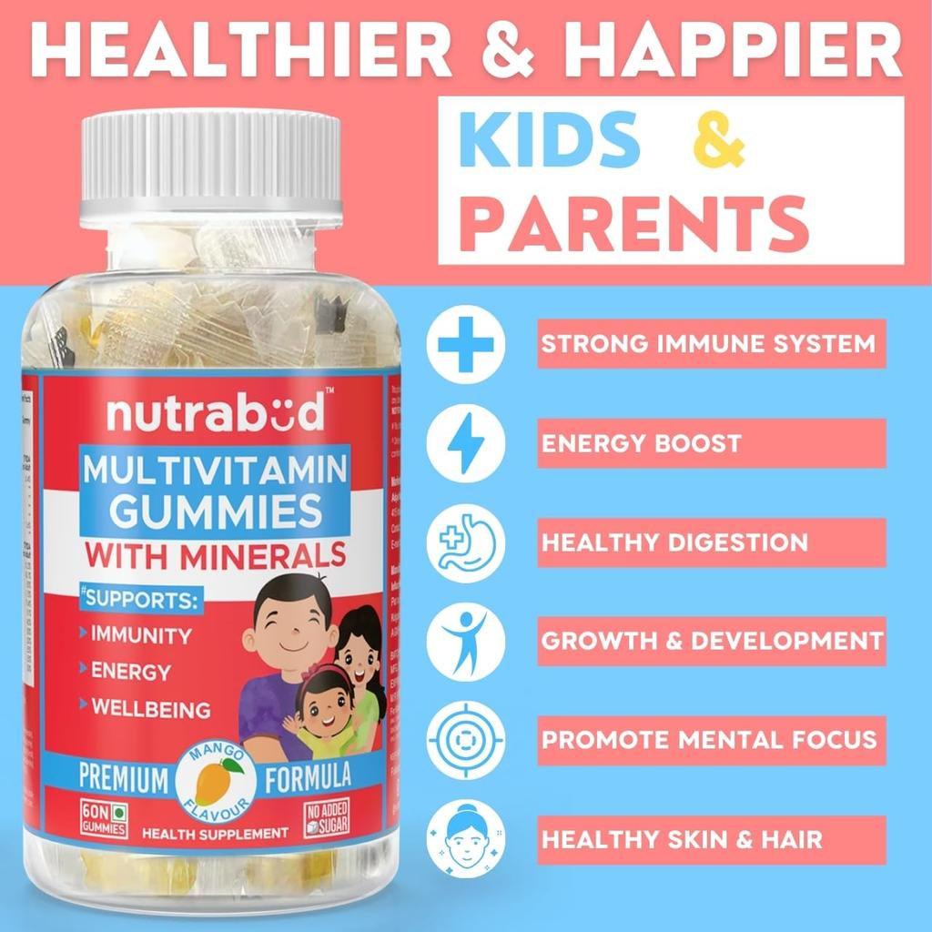 Nutrabud Multivitamin Gummies 60 Count Mango Flavor Sugar-Free Daily Supplement for Kids and Adults for Energy and Wellness