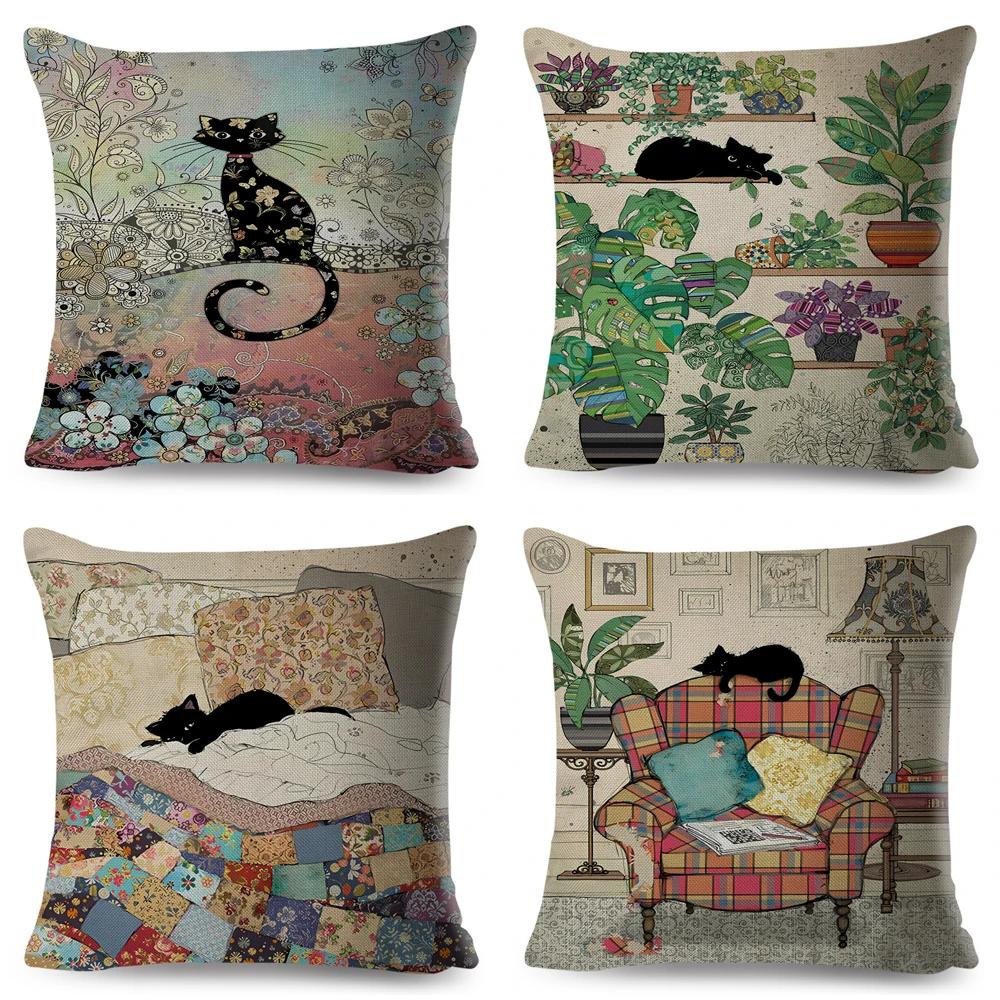 Милый Элегантный Чехол для Подушки с Черным Котом, Двусторонняя Печать, Декор, Мультяшный Животный Наволочка для Дивана, Дома, Автомобиля, Льняная Наволочка для Подушки