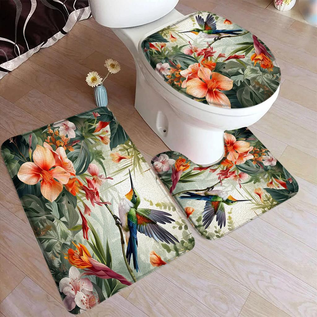 Hummingbird Bath Mat Set White Flowers Green Plants Birds Rustic Home Carpet Bathroom Decor Floor Rugs U-Mats Toilet Lid Cover