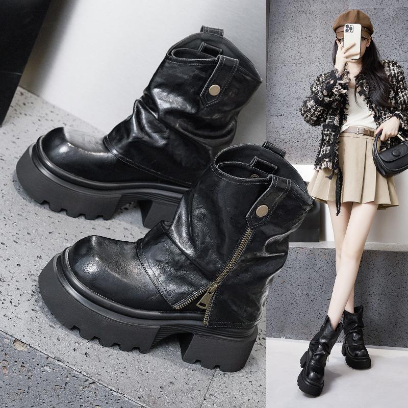 Мартинсы на толстой подошве для женских осенне-зимних новых тапочек, полусапожки средней длины, сапоги-трубы с внутренней платформой, британская дымовая труба