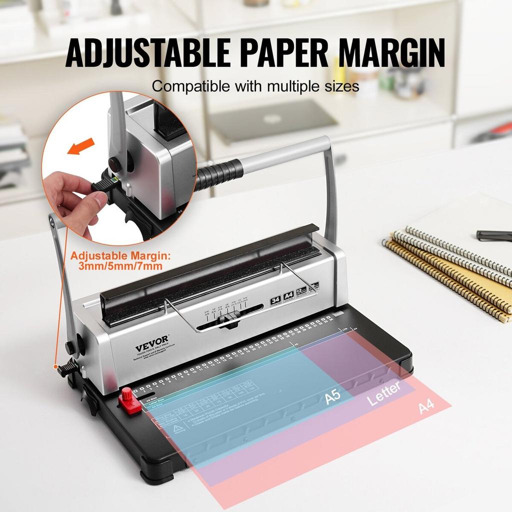 Coil Spiral Binding Machine, Manual Book Maker 34-Holes Binding 120 Sheets, Punch Binder with Adjustable Side Margin, for Letter Size, A4, A5