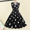 Women Evening Dress Vintage Contrast Color Dot Print Bow Waist A-line Big Swing Slim Wasit Sleeveless Backless V Neck Princess Style Midi Dress