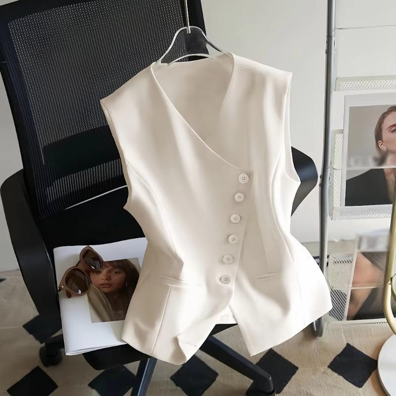 Vest Women Vests V Neck Sleeveless Coats Single Breasted Slim High Waist Coat Y2k Streetwear Elegant Work Off White Jackets
