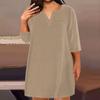 Женская мода большого размера с v-образным вырезом и семью рукавами, повседневные однотонные свободные платья с карманами