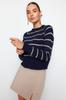 Women's Fashion New Sweater Navy Blue Glitter Striped Knitwear Sweater