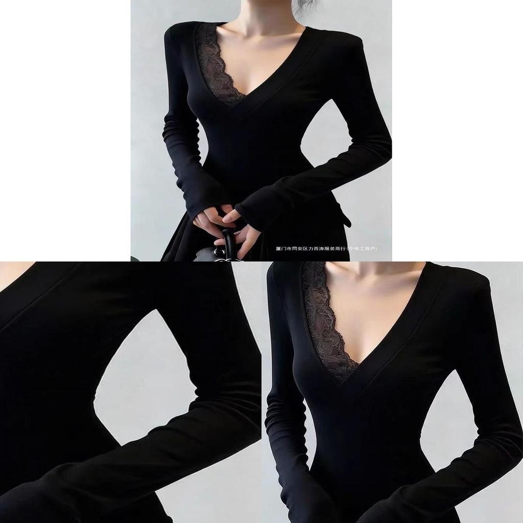 Plain Black Top With Lace Splicing V Neck For Spring Casual Wear