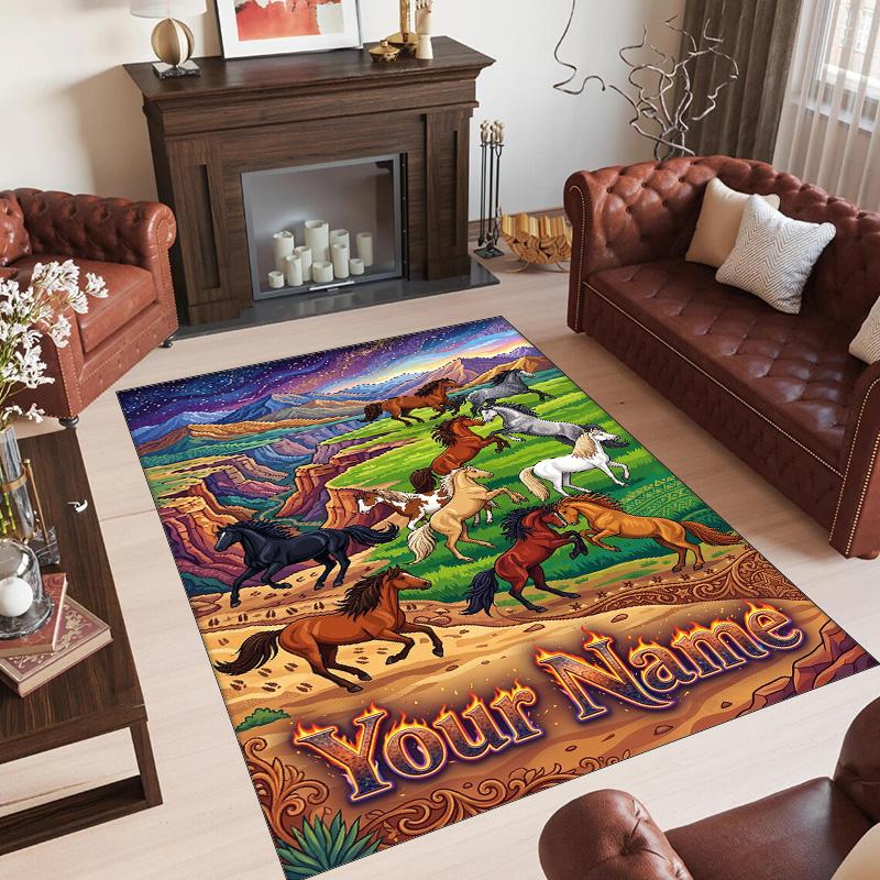 Horse Theme Crystal Velvet Floor Rug Personalized Custom Name Text Warm Carpet Home Decoration