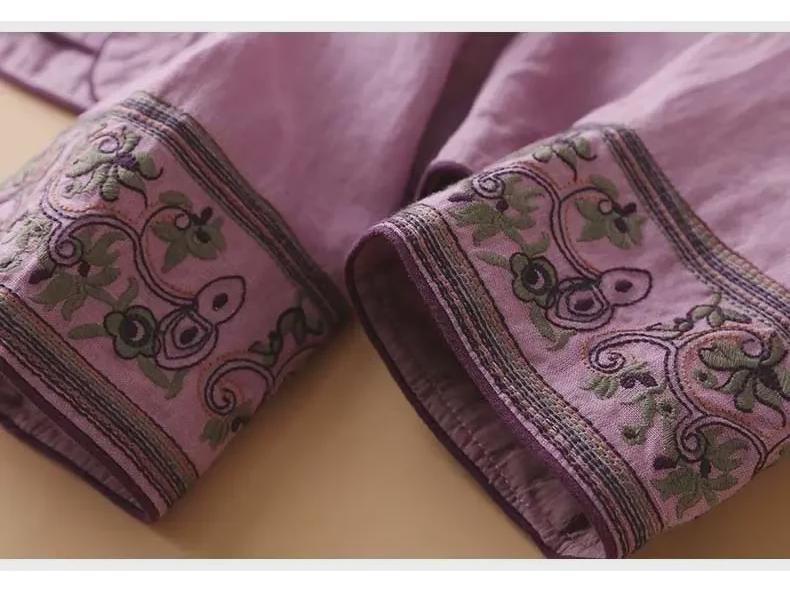 Женский ретро-вышитый кардиган из хлопка и льна с V-образным вырезом