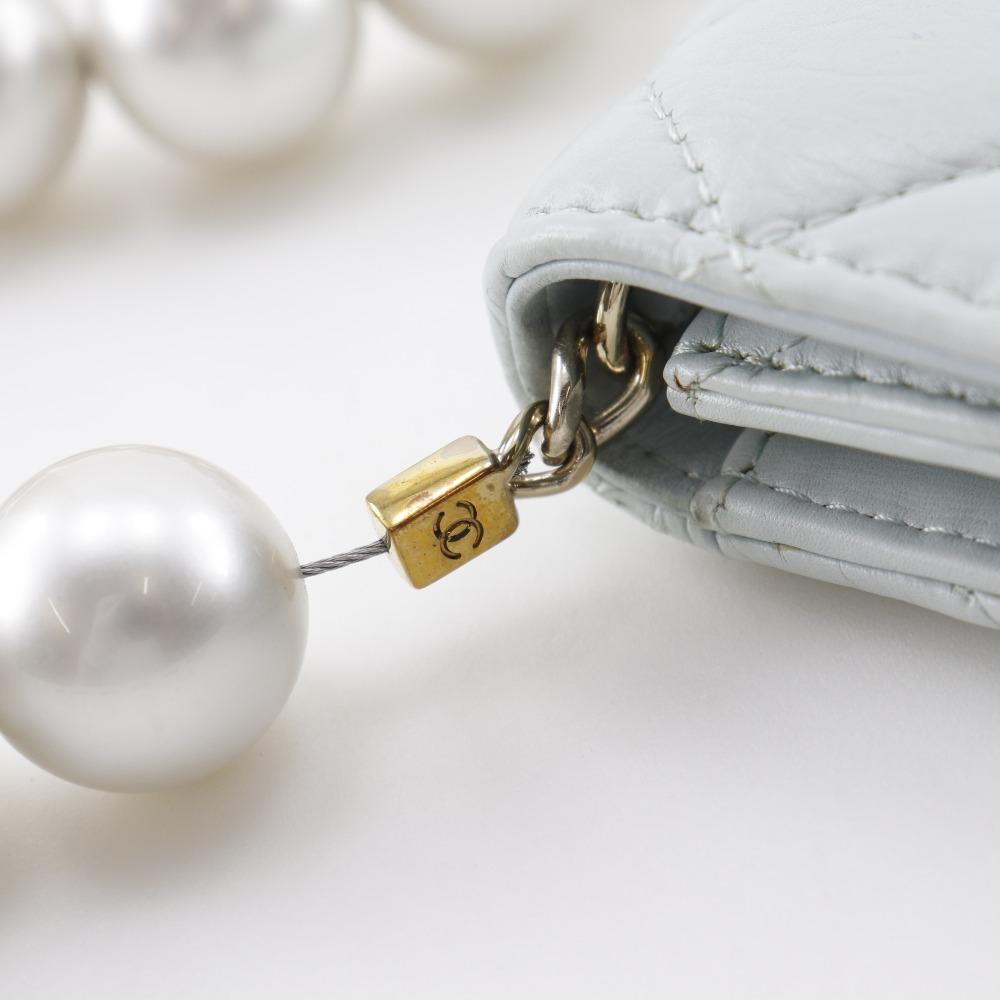 CHANEL Pearl strap flap wallet Shoulder Bag AP1838 Matelasse light blue leather/Fake pearl Women Used