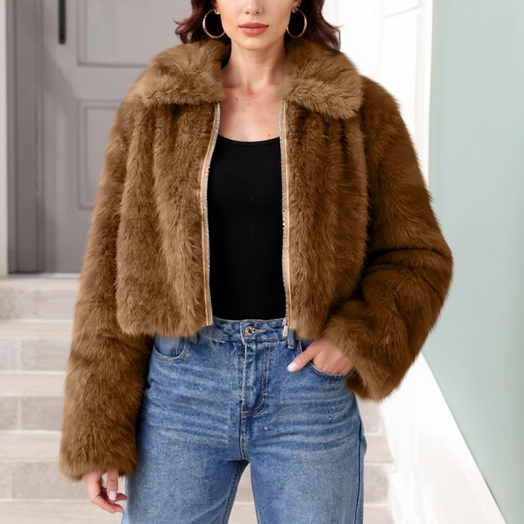 Women's Fashionable Warm Long Sleeve Solid-Color Furry Coat