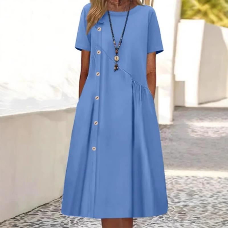 Новое повседневное платье средней длины с пуговицами и карманами
