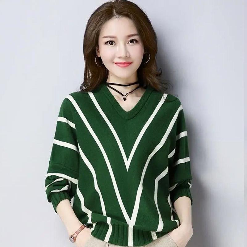 Autumn Bat Shirt Sweater Women's Pullover Loose Korean Style Striped Top Outer Wear Knitted Bottoming Shirt