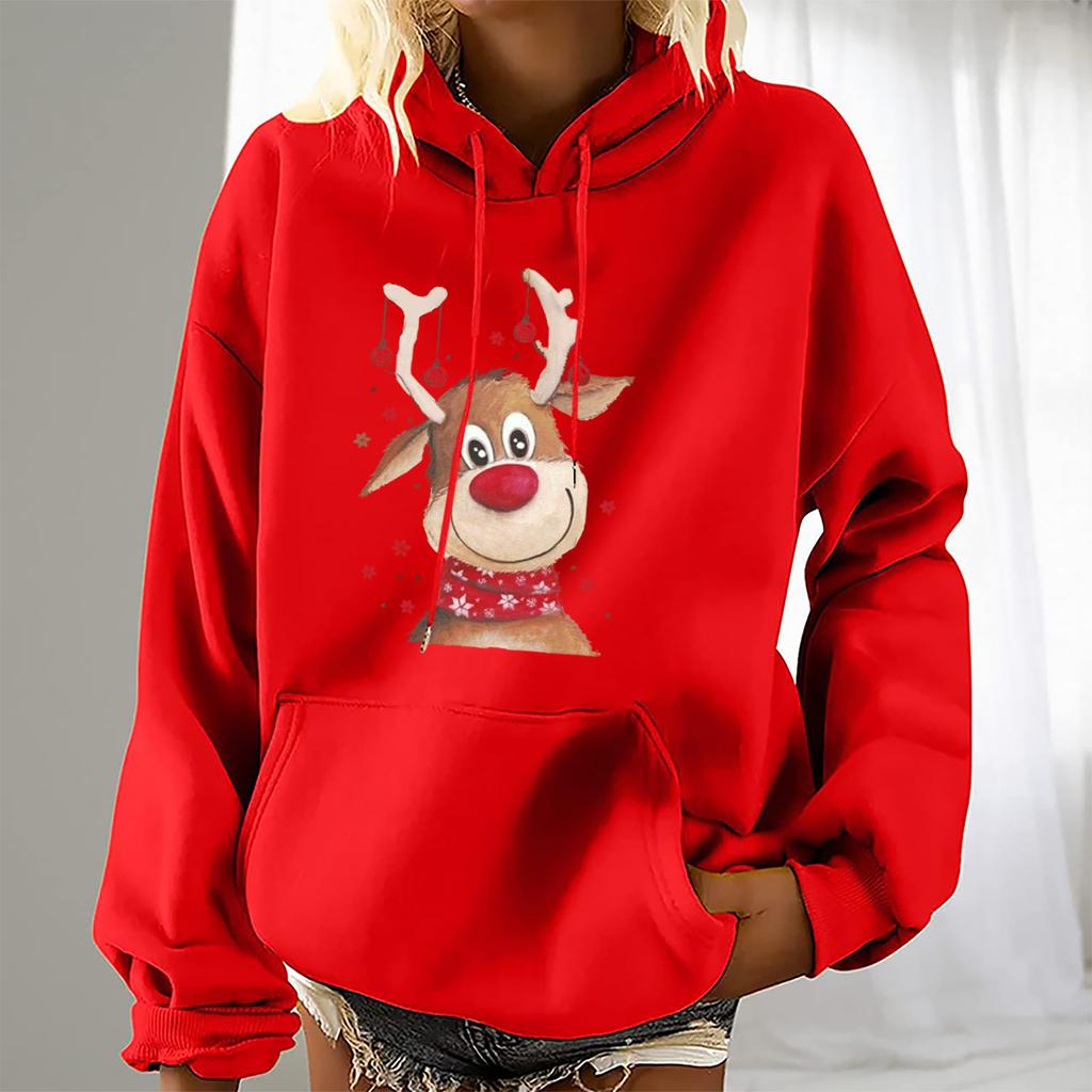 Женская мода для отдыха, рождественской вечеринки, пуловер с длинными рукавами и капюшоном с принтом, топ