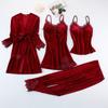 Пижамный костюм бордового цвета для женщин, комплект из 4 предметов, кимоно, ночная рубашка, одежда для сна для женщин, зимний теплый полосатый золотой бархатный халат