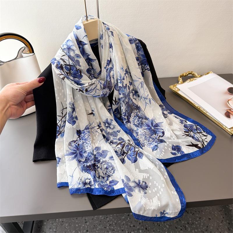Literary Style Printing Flower Cutting Spring and Summer Silk Scarf Large Long Scarf High Sense Travel Shawl Sun Protection Women's Scarf Headscarf