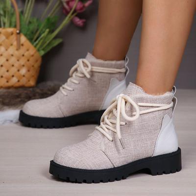 Модные зимние новые хлопковые ботинки на толстом каблуке, женские модные ботинки с круглым носком, тканевым передом, шнуровкой, на толстой подошве, удобные короткие ботинки