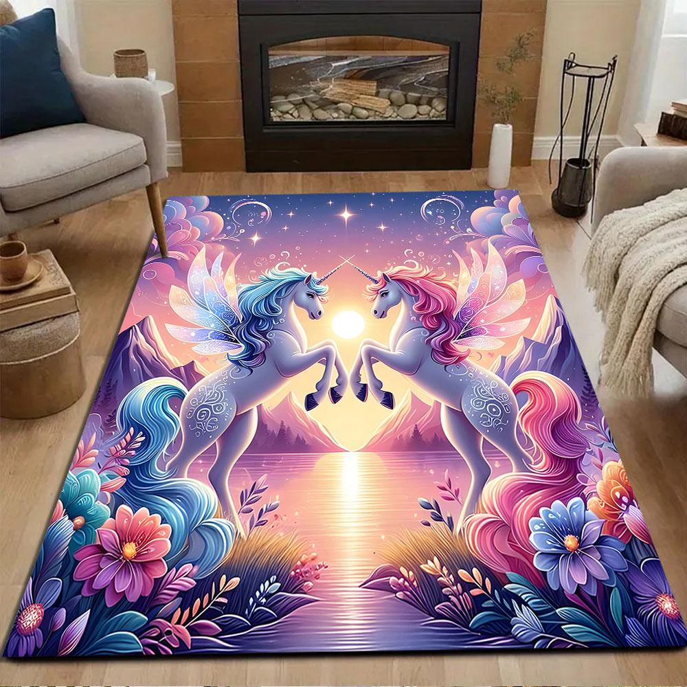 Enchanted Sunrise Unicorns Patterned carpet, non slip mat suitable for living room and bedroom sofas