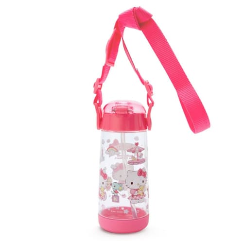 Sanrio Children's Water Bottle with Straw, 480ml, Direct Drinking, One-Touch, Lightweight, Plastic, Hello Kitty Design, with Shoulder Strap and Name S