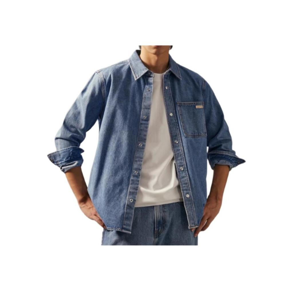 Calvin Klein Классическая повседневная винтажная рубашка из хлопка и денима с квадратным карманом, мужские рубашки светло-голубого цвета J326654