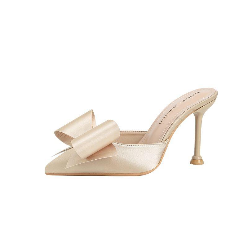 Модные новые туфли-лодочки на шпильке с бантом, женские классические атласные темпераментные шлепанцы на высоком каблуке