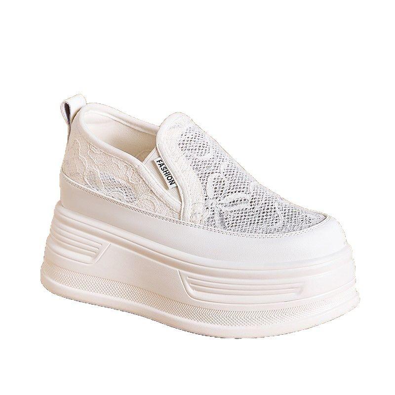 Кружева сетчатая дышащая внутренняя часть увеличивает рост белые туфли женские летние новые кроссовки на платформе кексы повседневные ленивые мокасины