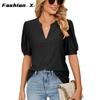 Европа и Соединенные Штаты 2024 Лето Повседневный V-образный вырез Однотонный Полый Рукав-пузырь Свободная Футболка Блузка Женская