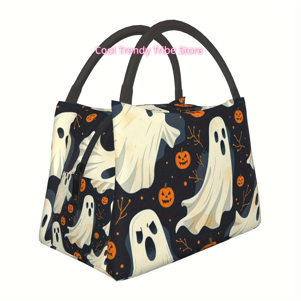 1pc Pumpkin Ghost Halloween Day of The Dead Pattern, Portable Reusable Cooler Bag, Cooler Bag, Insulated Lunch Bag for Camping P