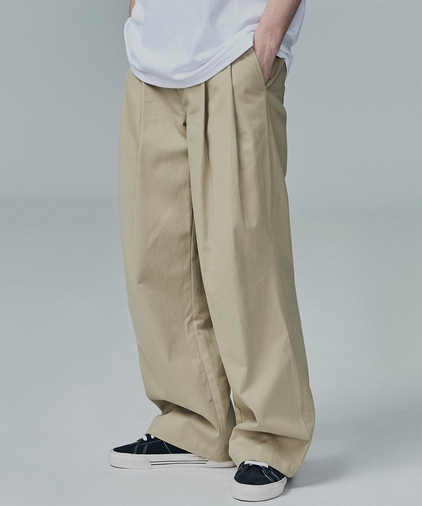 NOT4NERD Two Tuck Wide Cotton Pants - Beige