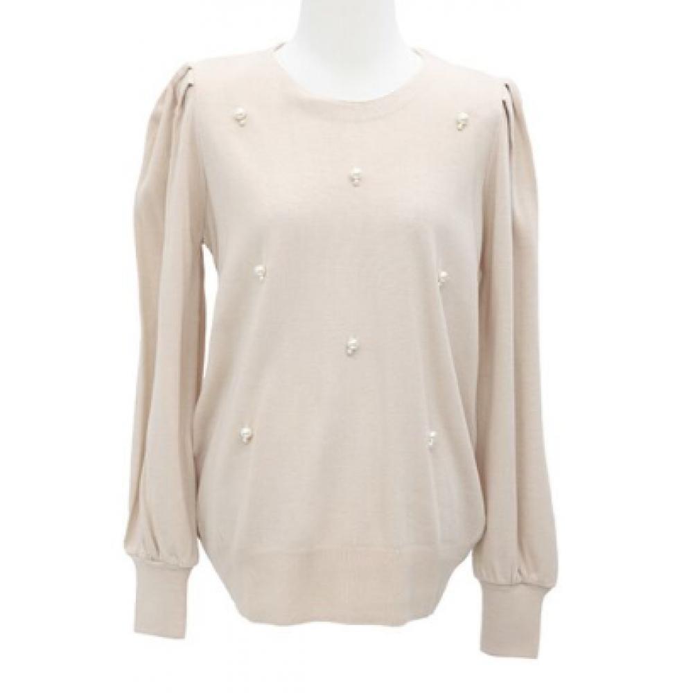 Shiz Madam Women S Round Knit Pearl Detail Balloon Sleeve Top T57207