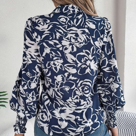 Women Shirt Lapel Lantern Long Sleeve Elastic Cuffs Casual Tops Single Breasted Flower