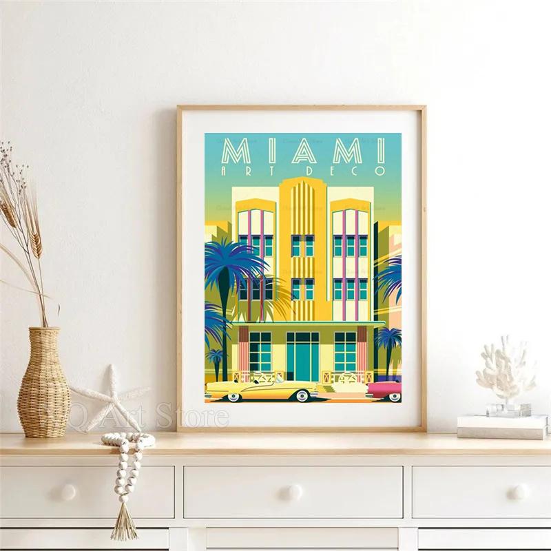 Vintage Miami California Canvas Painting Retro Travel Poster Tourist Scenery Wall Art for Living Room Decoration Home Decor