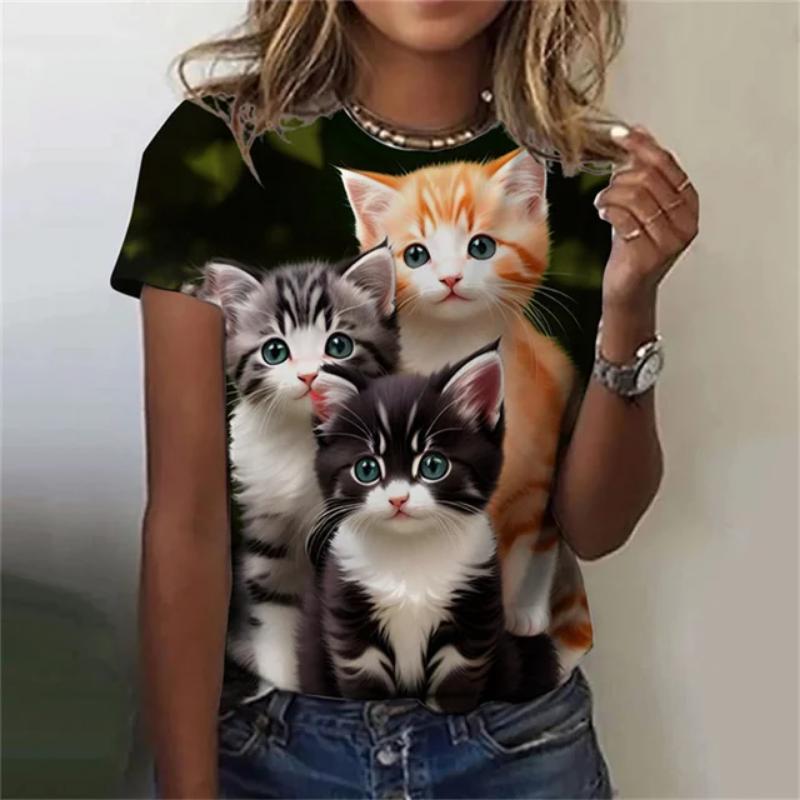 Модная женская футболка с 3D принтом Kawaii Cat Pattern, топ с короткими рукавами и круглым вырезом, летняя уличная повседневная уличная простая одежда